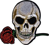 Schedel Doodskop Skull Rode Roos Strijk Embleem Patch 10.8 cm / 9.5 cm / Wit Beige Rood