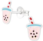 Joy|S - Zilveren milkshake oorbellen - beker met rietje - 6 mm - roze glitter