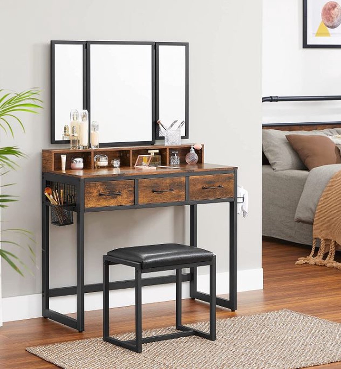 MAZAZU MIRA Home Kaptafel met Spiegel en Lades - Make-up Tafel Industrieel - Bruin/Zwart - 90 x 40 x 141 cm