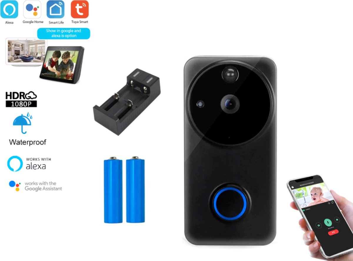 DrPhone LM3-A - WiFi Deurbel - Spraakbesturing Google Home / Alexa - Full HD - Nachtzicht - IOS / Android WiFi - Zwart
