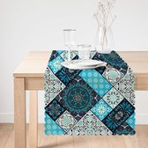 De Groen Home Bedrukt Velvet textiel Tafelloper - Blauwe&Zwarte Mandala - Fluweel - 45x135 - Tafel decoratie woonkamer