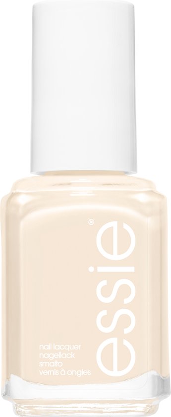 Lichtbeige Essie nagellak met witte dop, met tekst op het flesje.