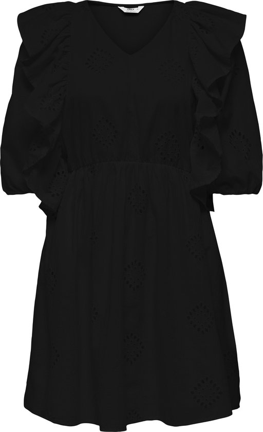 Robe noire à col en V, manches courtes bouffantes et volants, avec broderie florale subtile.