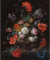 Stilleven met bloemen en een horloge - Abraham Mignon - Foto op plexiglas formaat 80x120cm incl. ophangsysteem - Wanddecoratie