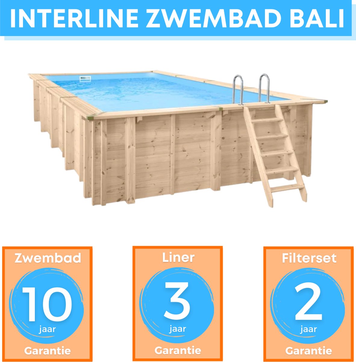 Interline Houten Zwembad Bali - Rechthoek - 790 x 400 x 138 cm - Opbouw en Inbouw Zwembad - Inclusief accessoires