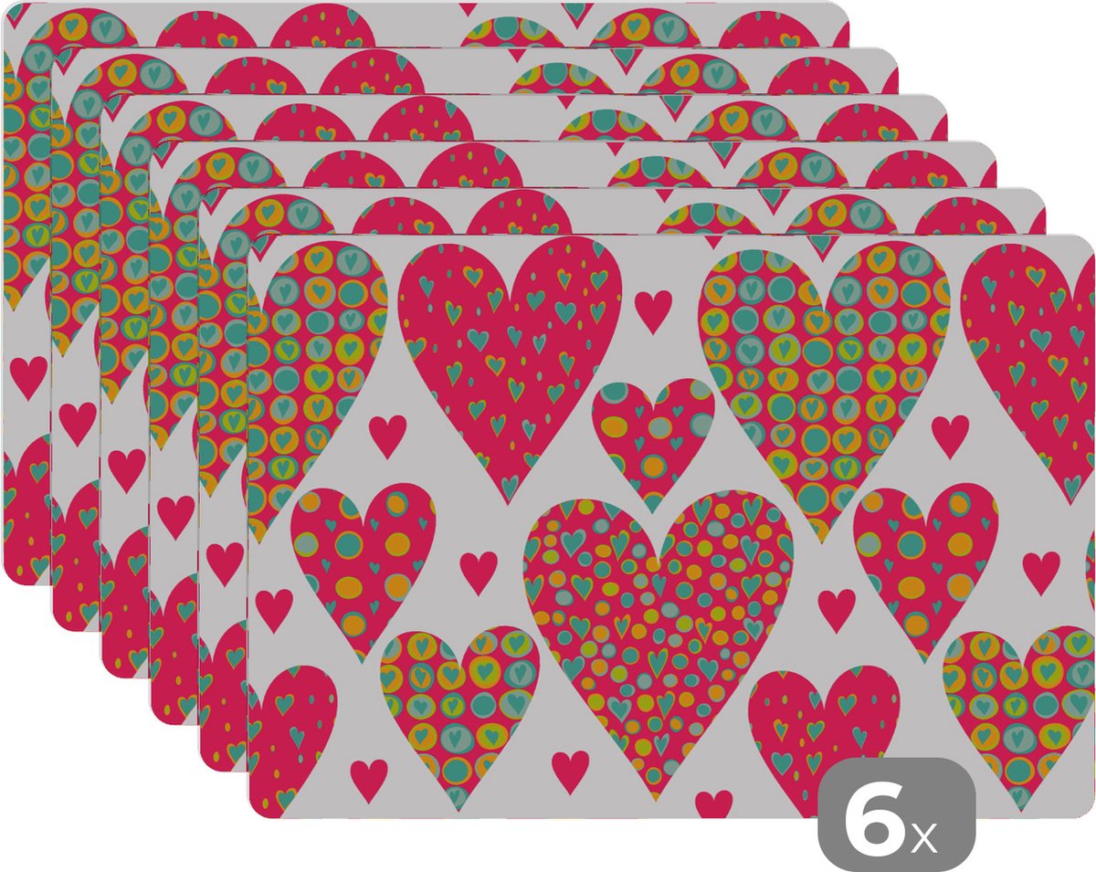Placemat kinderen - Placemat - Placemats kunststof - Meisje - Hart - Love - Patronen - Girl - Kids - Kinderen - Kind - 45x30 cm - 6 stuks - Hittebestendig - Anti-Slip - Onderlegger - Afneembaar