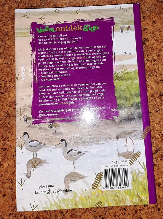 Achterkant boek 'Vogelontdekgids'. Tekst en illustratie van vogels in het water. ISBN 90-216-1869-9