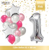 Cijfer Ballon 1 Jaar Zilver Roze White Pearl Boeket * Hoera 1 Jaar Verjaardag Decoratie Set van 15 Ballonnen * 80 cm Verjaardag Nummer Ballon * Snoes * Verjaardag Versiering * Verj