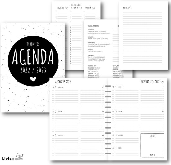 Pluimpjes agenda (schooljaar) 2022/2023 | augustus 2022 t/m juli 2023 | A5 formaat | Liefs op papier - Liefsoppapier.nl