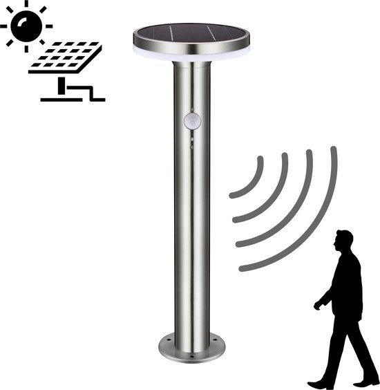 Zilverkleurige solar tuinpaal met zonnepaneel, sensor en indicatie van bewegingsdetectie voor een wandelend figuur.