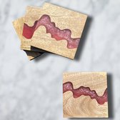 Dutch Duvall epoxy & art | Epoxy onderzetters rivier roze | set van 4 stuks | acacia hout onderzetter