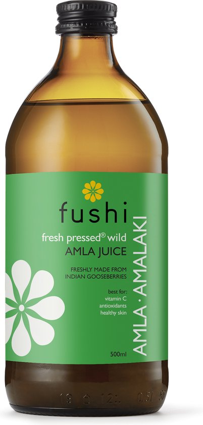 Fles fushi Amlaki sap, 500 ml, met groene wikkel met bloemmotief.