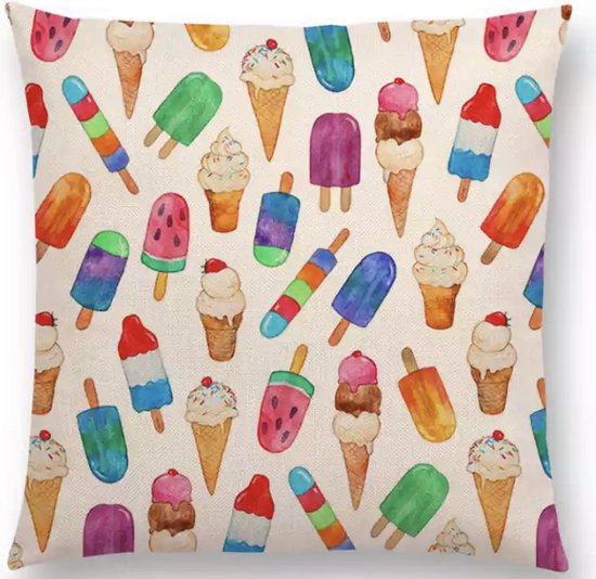Cusco vrolijke sierkussenhoes met ijsjes – DUBBELZIJDG BEDRUKT - 45 x 45 cm – Wit - kinderkamer - ijsco print voor kinderen – kids kussenhoes