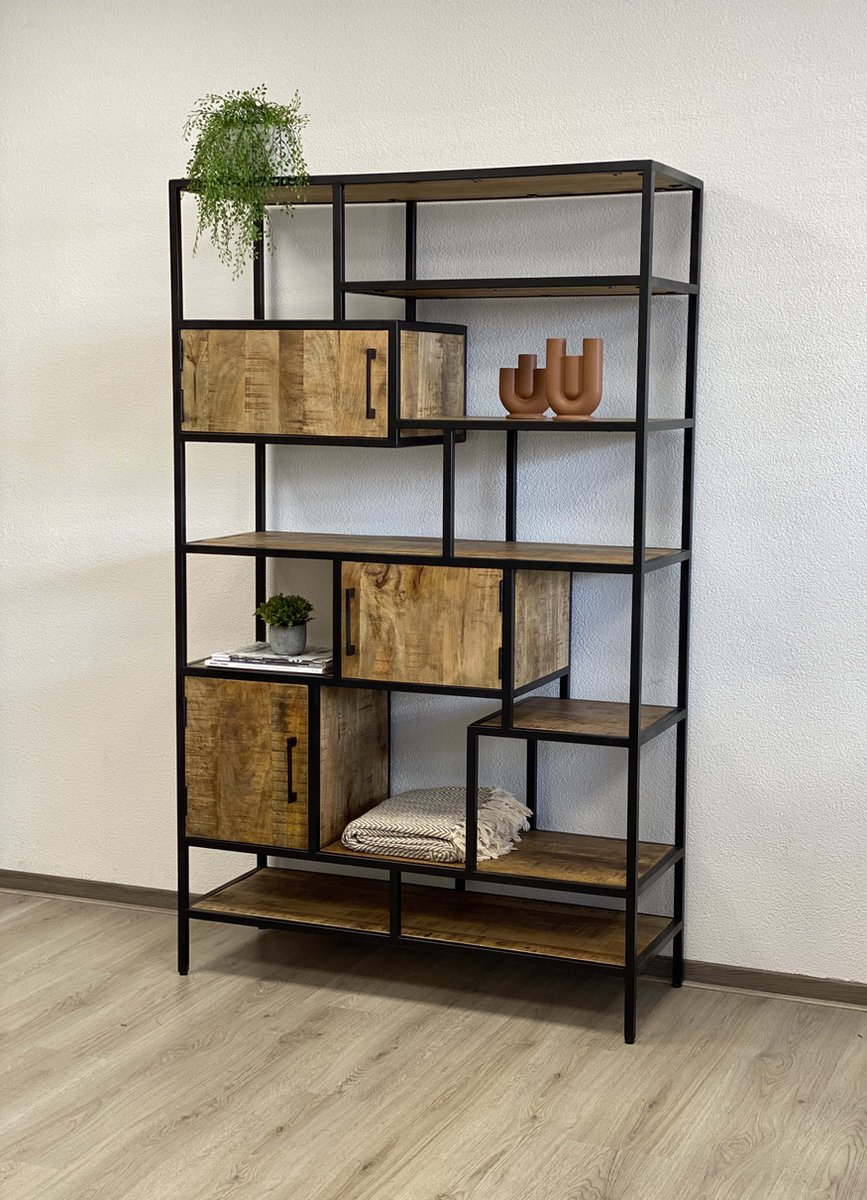 Industrieel vitrine vakken kast mangohout