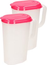 2x pichet à eau/pichet à jus transparent/rouge avec couvercle 2 litres en plastique - Pichet étroit qui tient dans la porte du réfrigérateur