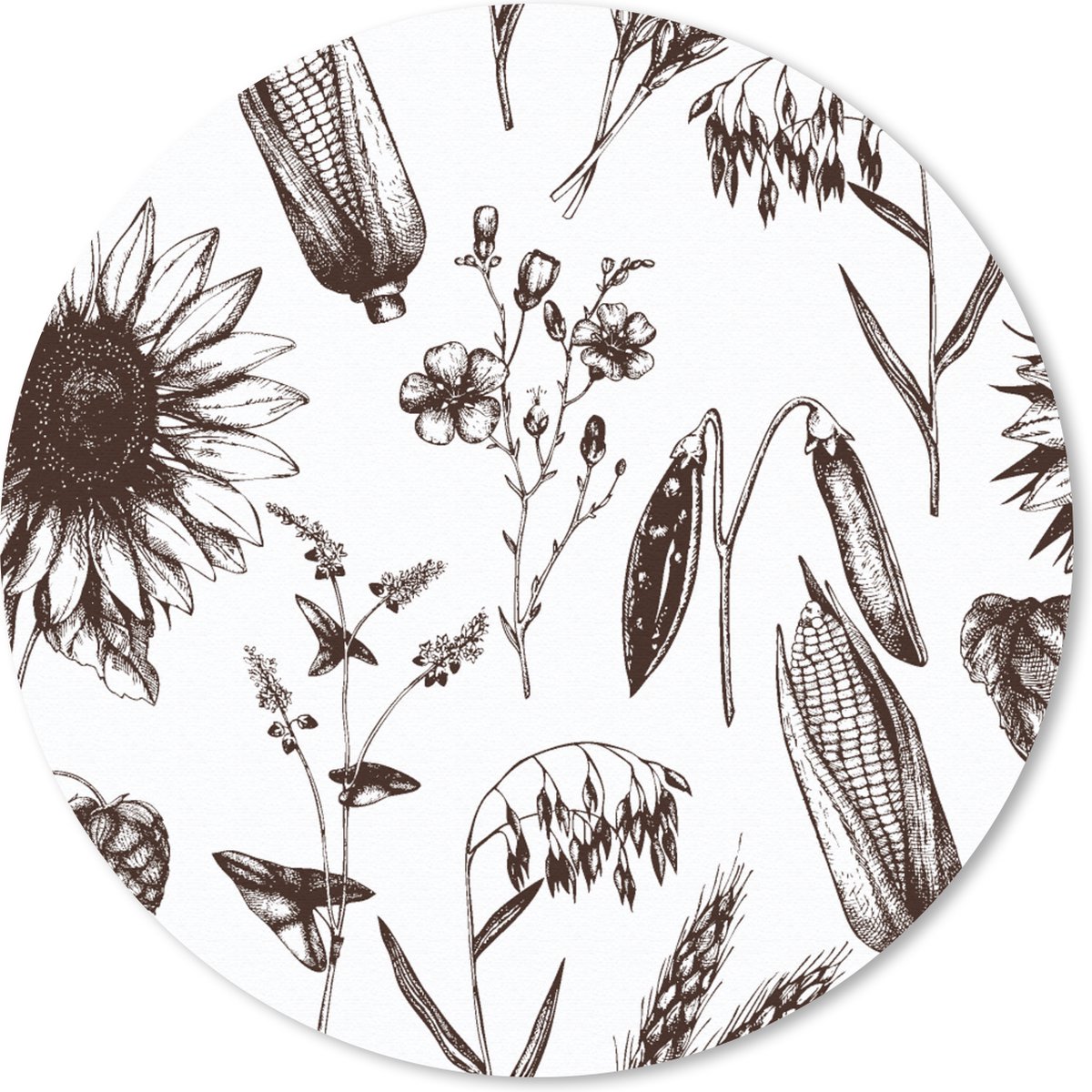 Muismat rond 30x30 cm - Mousepad Patroon - Planten - Zwart - Wit - Ronde muismatten