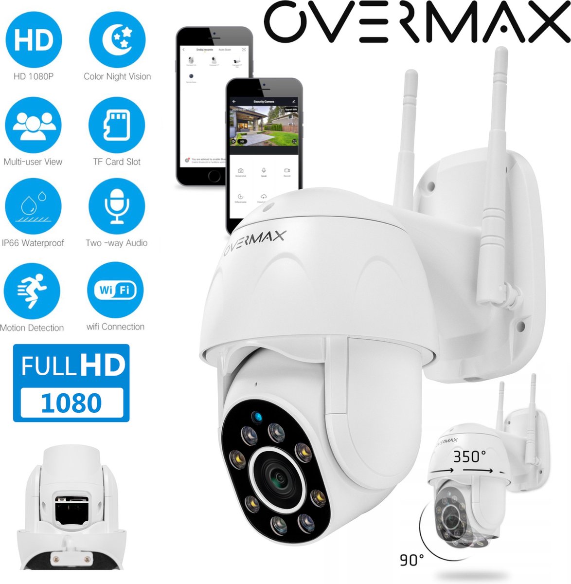 Overmax Camspot 4.9 - Beveiligingscamera voor buiten - nachtmodus tot 50m - WiFI - 350°