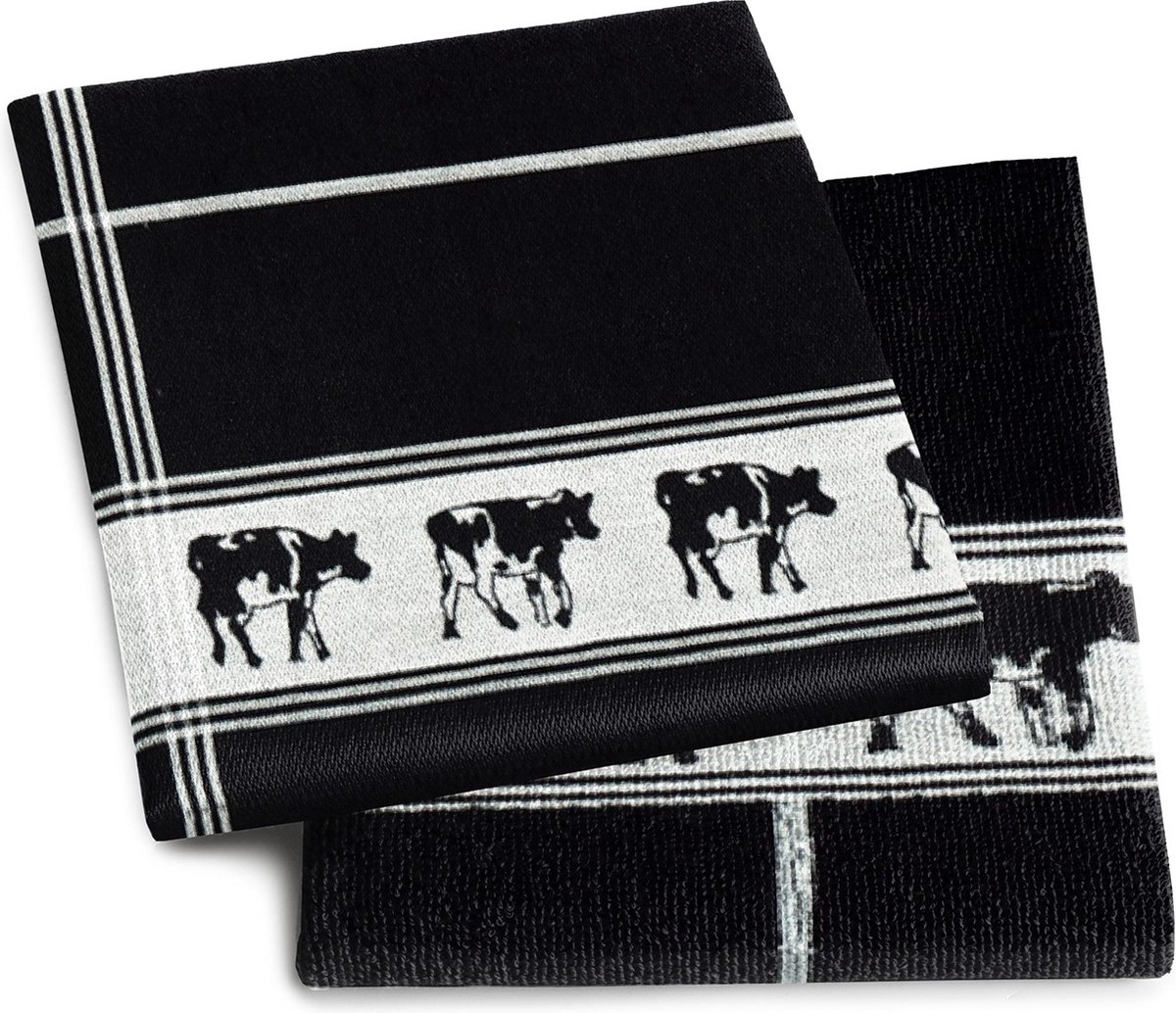 DDDDD Zwart bont Black Keukenset (1 x Keukendoek, 1 x Theedoek)