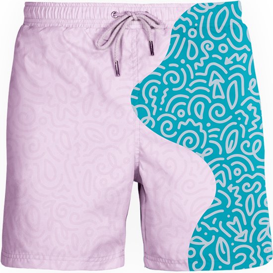 Lichtroze zwembroek met een golvende turquoise baan met witte krabbels en pijlen.