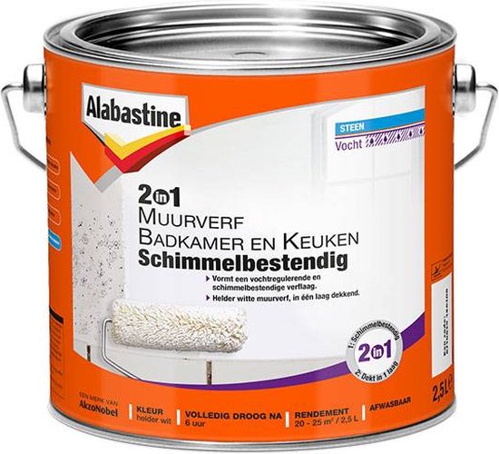 Alabastine 2 In 1 Badkamer en Keuken Muurverf - Wit - 1 liter - Alabastine