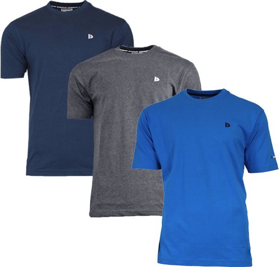 Drie Donnay T-shirts in navy, grijs en blauw, met korte mouwen en logo op de borst.