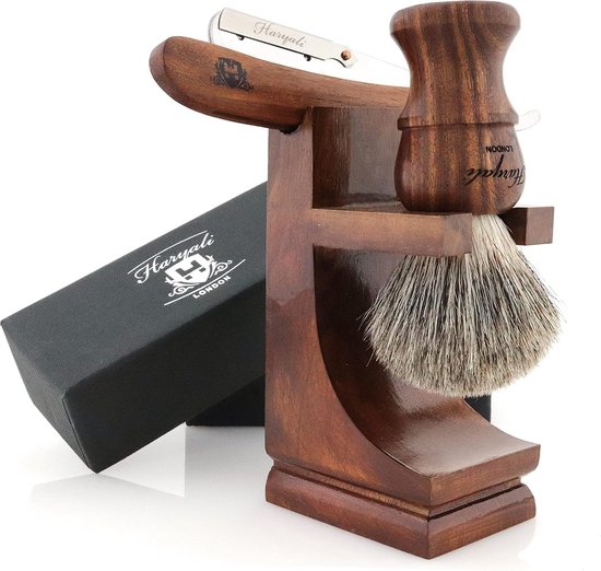 Haryali London Scheerset voor Mannen - 3-delige Houten Scheerset - Professionele Cut Throat Razor Kit - Cut Throat Razor - Scheerkwast - Houten Scheerstandaard - Duurzame Geschenkset