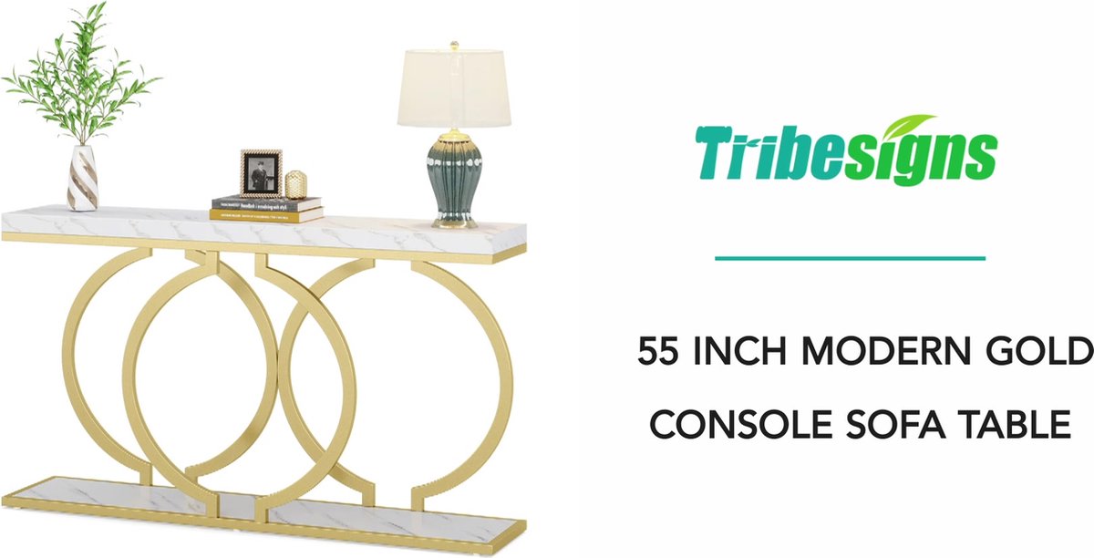 Tribesigns Moderne consoletafel met gouden basis, 90 cm faux marmeren entree, foyertafel, smalle bankaccenttafel met geometrische metalen poten voor woonkamer, hal, entree, wit en goud