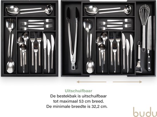 Bestekbak extensible Budu #43 en Bamboe (43 cm de profondeur) - Zwart - Cassette à couverts en bois - Range-couverts - 43 x 32,2 - 53 cm - 6/8 compartiments