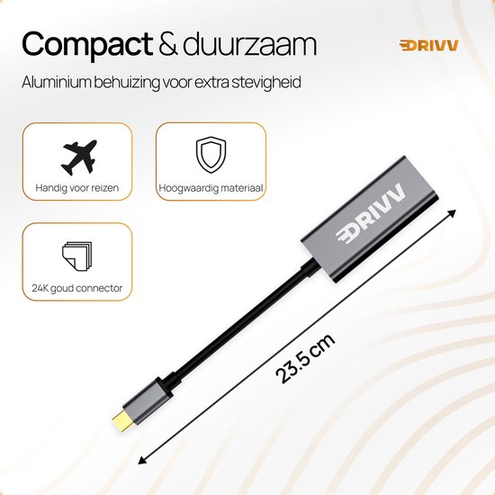 Grijze DRIVV adapter, 23.5 cm lang, met USB-C en Ethernet poort. "Compact & duurzaam", "Handig voor reizen".