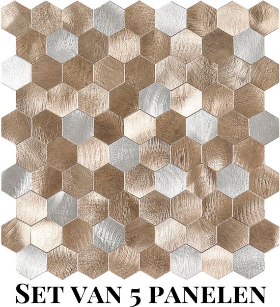 Panneaux muraux Wallways - Dalles adhésives - Lot de 5 dalles - Autocollant pour carrelage - Dalles autocollantes - Épaisseur 4 mm - Couche supérieure en aluminium - Résistant à la chaleur - Couche adhésive 3M - Hexagone bronze/argent