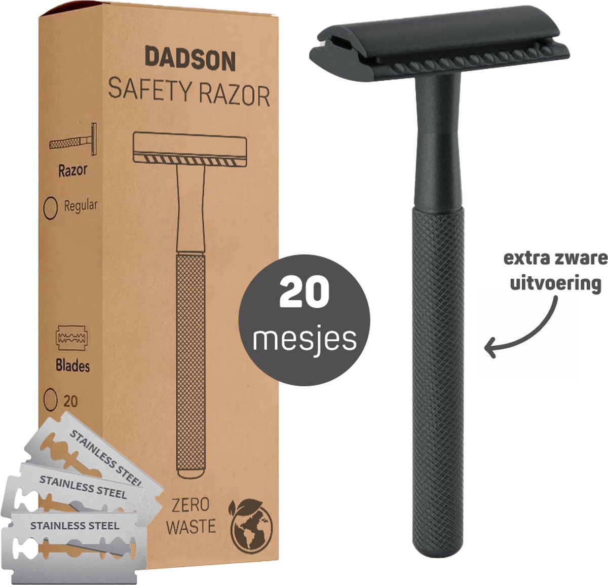 Dadson Safety Razor Antraciet + 20 RVS Scheermesjes – Scheermes – Aluminium – Double Edge – Klassiek – Veiligheidsscheermes – Unisex – Duurzaam Scheren – Zero Waste