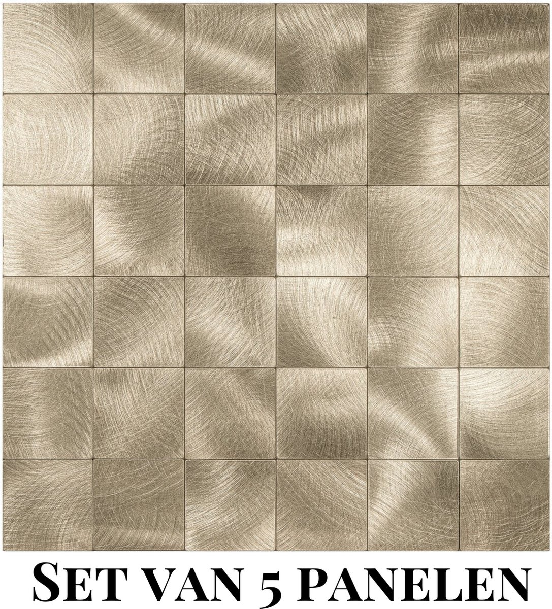 Wallways Wandpanelen - Plaktegels - Set van 5 Tegels - Tegelsticker - Zelfklevende Tegels - 4MM dik - Aluminium toplaag - Waterdicht - Krasbestendig - Hittebestendig - 3M Kleeflaag - Geborsteld Goud