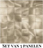 Wallways Wandpanelen - Plaktegels - Set van 5 Tegels - Tegelsticker - Zelfklevende Tegels - 4MM dik - Aluminium toplaag - Waterdicht - Krasbestendig - Hittebestendig - 3M Kleeflaag - Geborsteld Goud