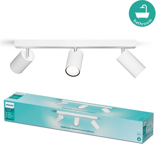 Philips Idris Spot - Spot de plafond - Résistant aux éclaboussures IP44 - 5W - Wit - Lampe de salle de bain - Trois points lumineux - Convient uniquement aux spots LED