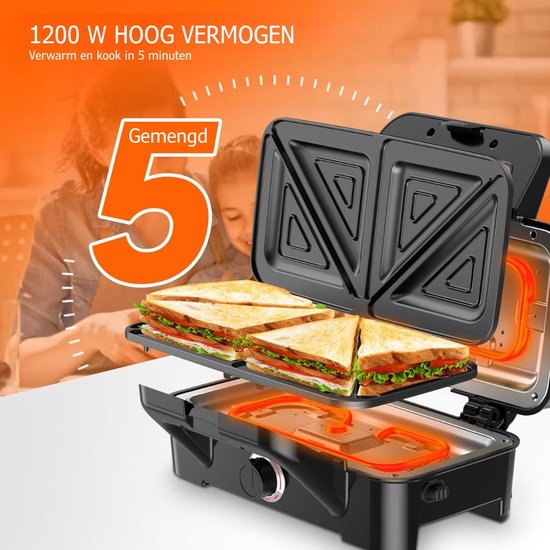 5-in-1 Sandwichmaker 1200 Watt - Met Wafelijzer, Grillplaten & Anti-Aanbak