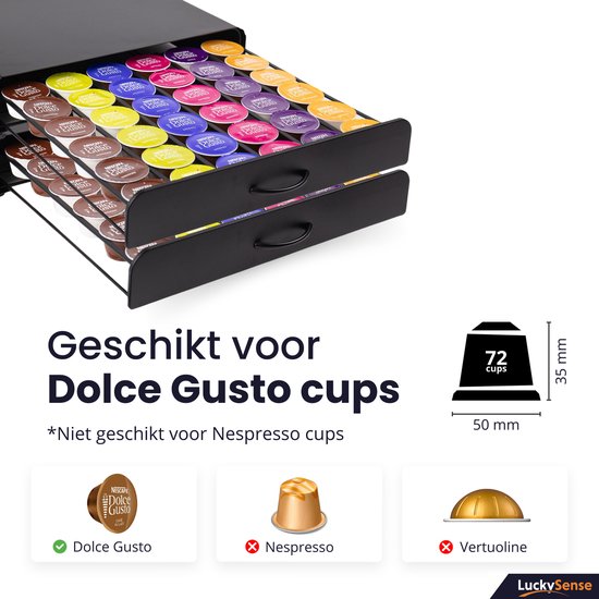 Support tiroir noir pour 72 capsules Dolce Gusto, avec deux tiroirs.