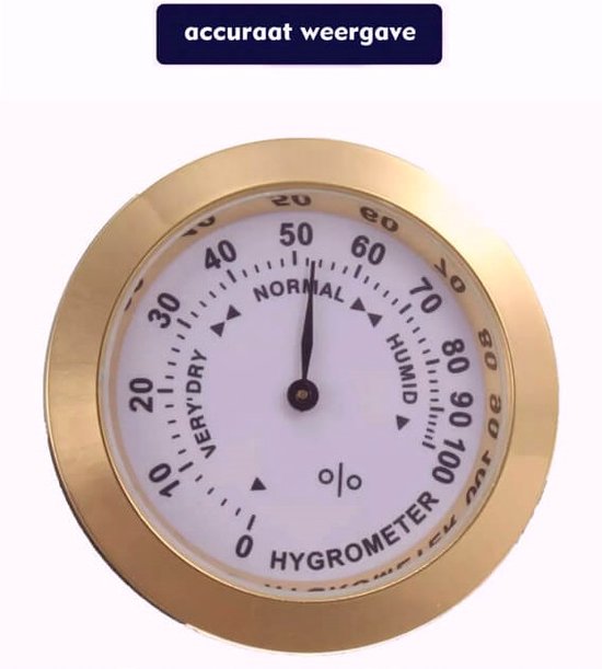 Ronde hygrometer met gouden rand, witte wijzerplaat en zwarte wijzer voor het meten van de luchtvochtigheid.