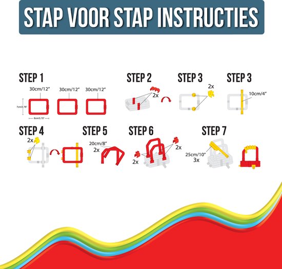 Stap-voor-stap instructies voor het maken van een constructie met Spaghetteez, inclusief maten.