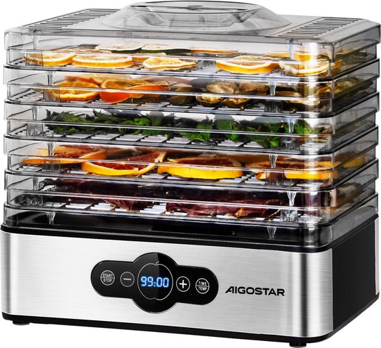 Foto: Aigostar crispy voedseldroger elektrische droogautomaat 5 lagen 35 c tot 70 c lcd display timer 99h rvs zwart