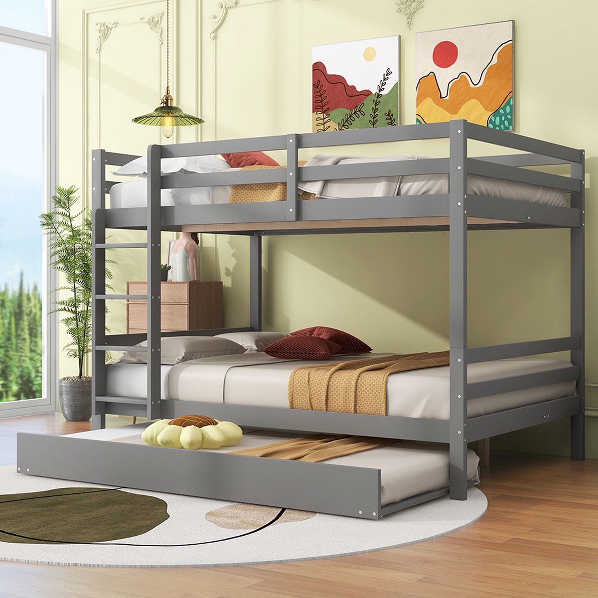 KOMHTOM Stapelbed Kinderbed 140x200 cm met onderschuifbed Hoge leuningen Stabiele trap Grijs