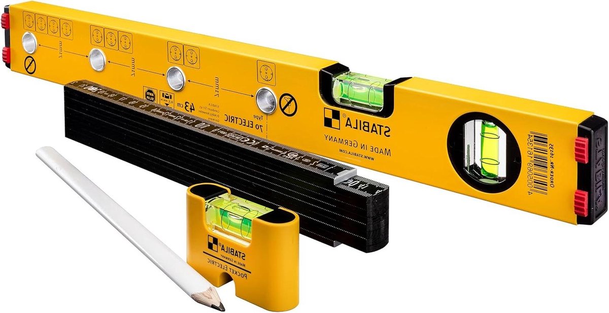 Elektricien waterpas STABILA Electric Kit type 70 Electric 43 cm met markeringsgaten mini-waterpas Pocket Electric 7 cm duimstok type 707 P 2 m potlood type ZB