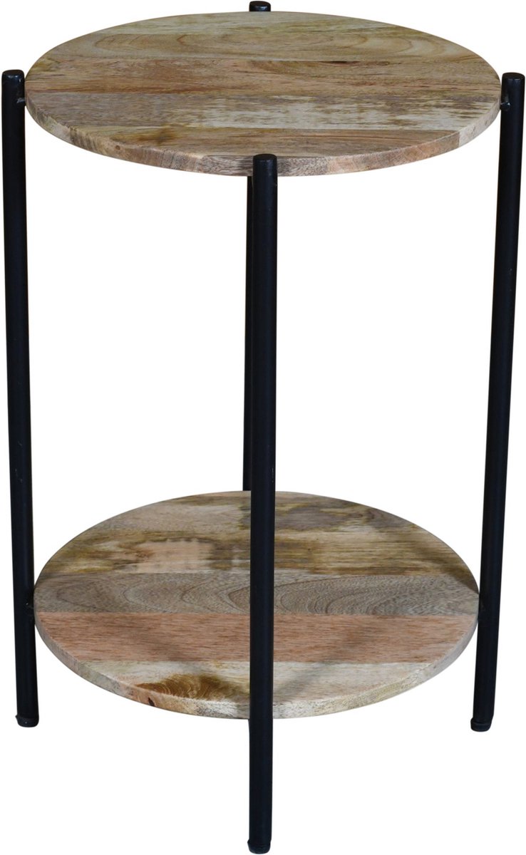 Bijzettafel-Mangohout-Industrieel-Rond-met onderplank-Koloniaal Teakhuis-H60cm -rond 43cm