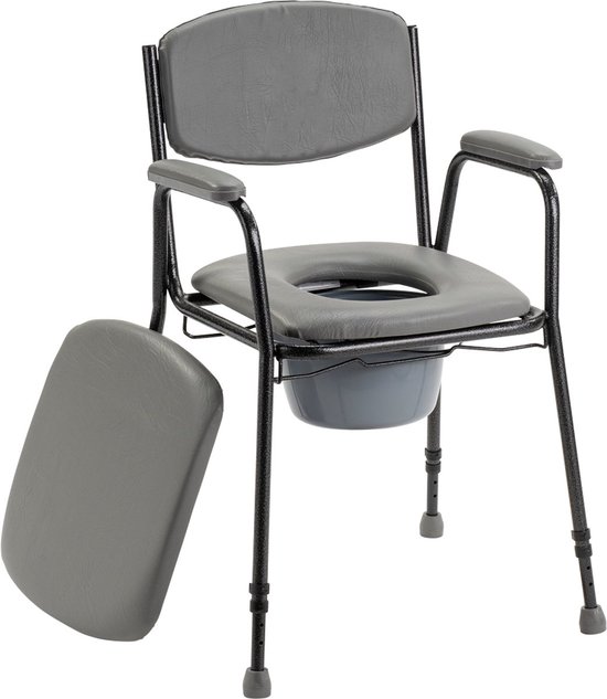 Homecare Innovation® In hoogte verstelbare commode stoel / po-stoel/ toiletstoel met emmer / WC stoel met zachte zitting. 130 kg draaggewicht.