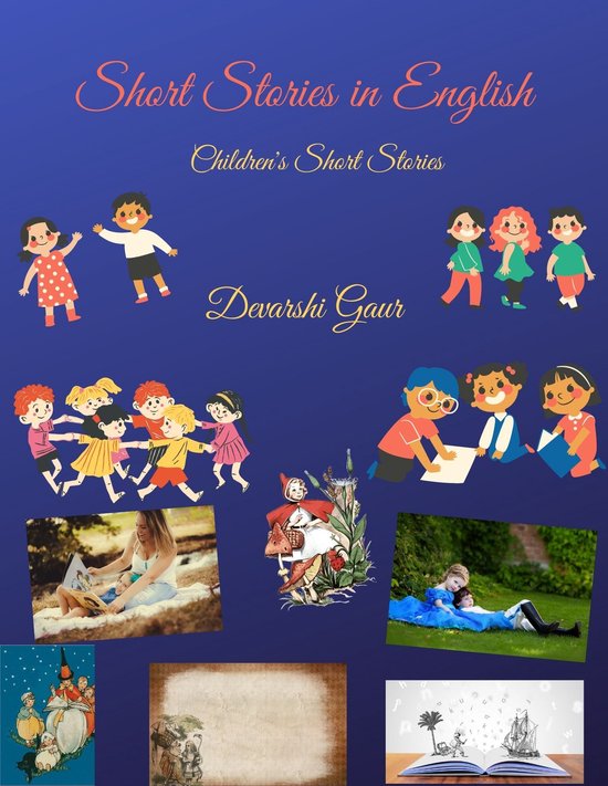 Titel: Short Stories in English. Illustraties van lachende kinderen, een vrouw die een boek leest en twee kinderen die op de grond liggen.
