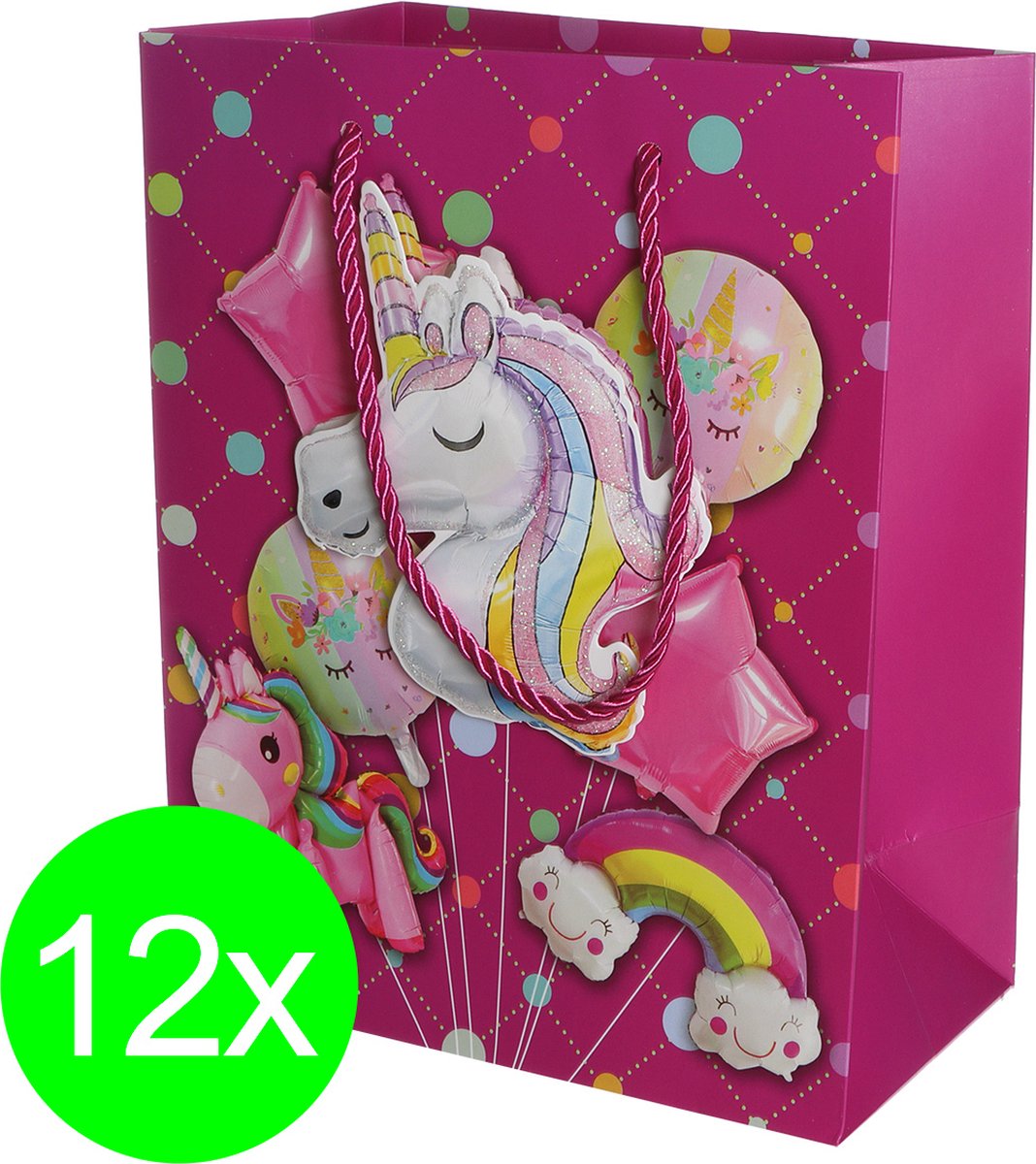 12x Eenhoorn Papieren Draagtassen – Sprookjesachtige Cadeauverpakking voor Kinderen (18x10x23)cm, 280 g/m², 4 Varianten