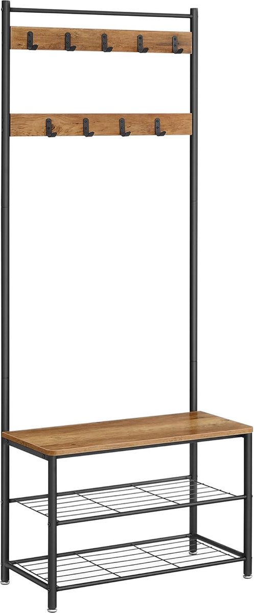 FurnStar - Kapstok - kapstok met schoenenopbergbank - halboom met schoenenrek - 3-in-1 ontwerp - stalen frame - voor hal - entree - 32 x 70 x 177 cm - industrieel - rustiek walnoot en zwart