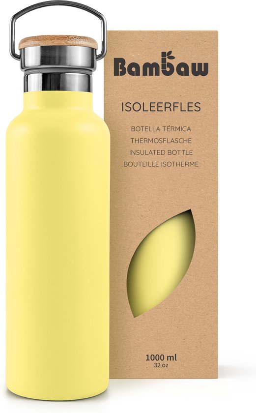 Bambaw® 1 Liter RVS Thermosfles - Isoleerfles, Dubbelwandig, Lekvrijen, loodvrij en Plasticvrij Geïsoleerde Fles met Bamboe Deksel voor Warme en Koude Dranken - Ideaal voor Reizen, Werk, Yoga, Wandelen en Dagelijks Gebruik – geel