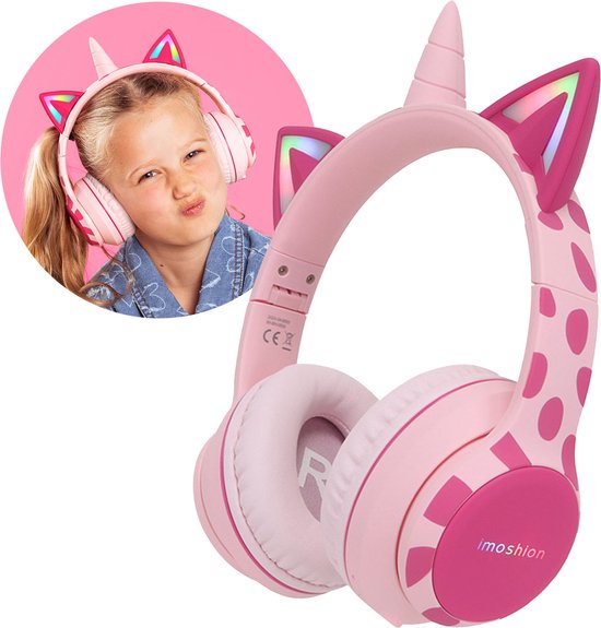 Foto: Imoshion kids unicorn led light bluetooth headphones kinder koptelefoon met decibelbegrenzer draadloze koptelefoon aux kabel pink hot pink