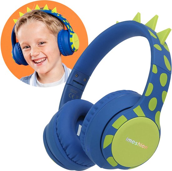 Foto: Imoshion kids dino bluetooth headphones kinder koptelefoon met decibelbegrenzer draadloze koptelefoon aux kabel cobalt blue lime