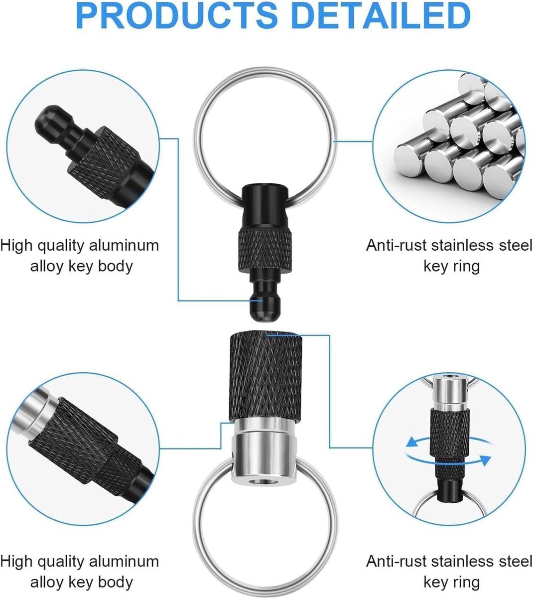 Set van 2 snelsluitingen, sleutelhangers, sleutelhangers, sleutelhangers, draaibaar, afneembaar, metaal, met 4 gedeelde sleutelringen, voor mannen en vrouwen, auto, portemonnee, tassenaccessoires